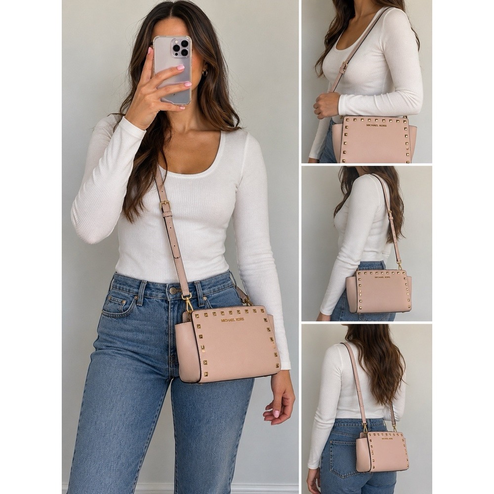 Michael Kors Selma Medium Studded Satchel Pink Saffiano Leather Crossbody Bag